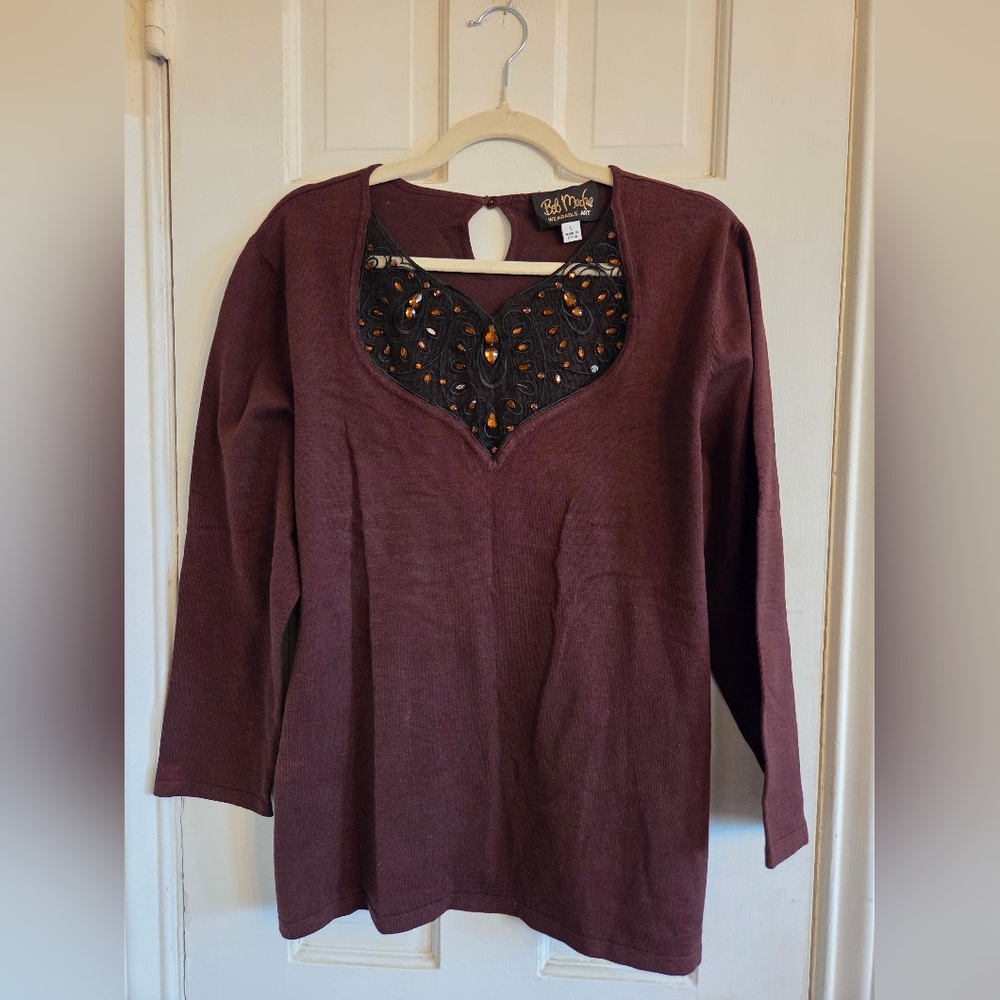 Bob Mackie Brown Top with Embellished Neckline